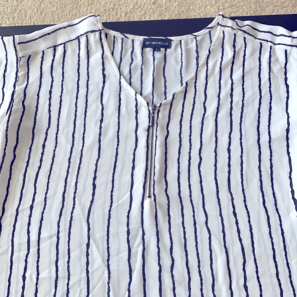 My Michelle: White with black pin strips blouse